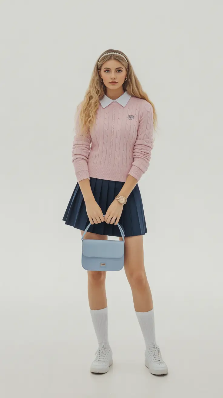 best tennis skirt spring outfits 2026 Soft Pastel Prep With Navy Pleats