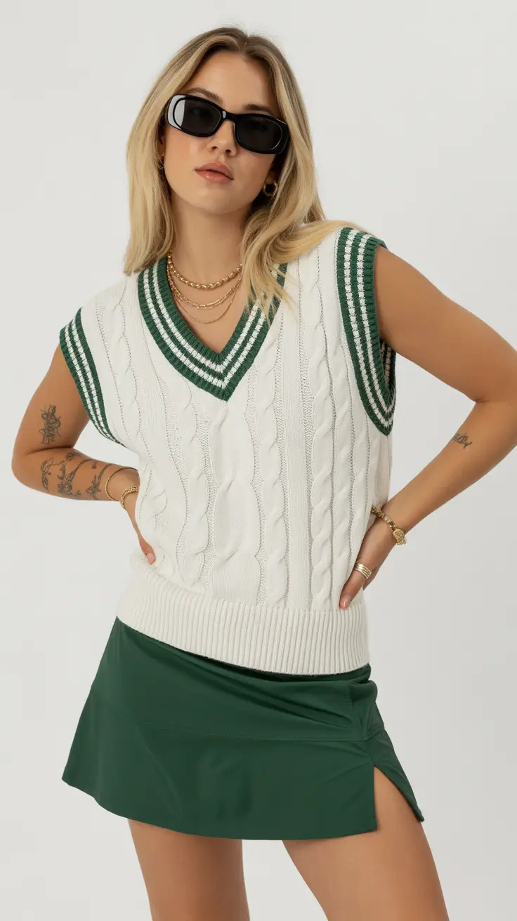 best tennis skirt spring outfits 2026 Classic Preppy Green With Textured Knit Layers